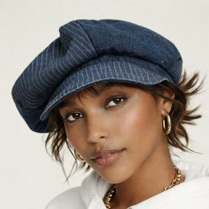 M. Gregg Studio 80s 6 Panel Flap Stylish Striped Denim Beret Hat L